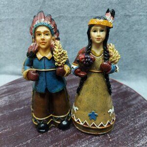 Native American Harvest Figurine Set - Boy & Girl Holding Wheat And Grapes Hand-